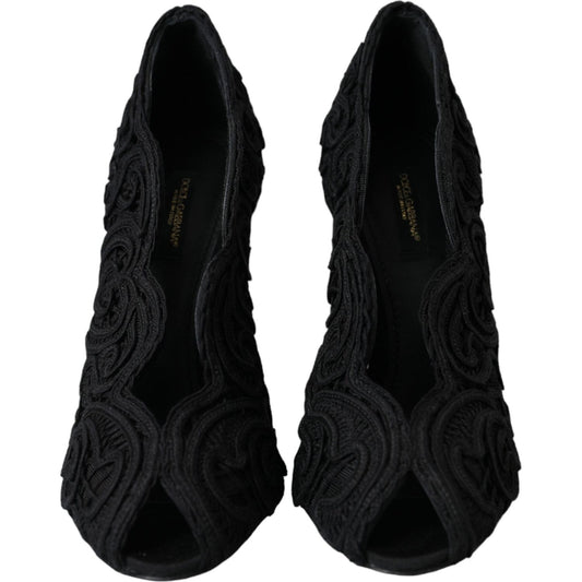 Dolce & Gabbana Black Cordonetto Ricamo Pump Open Toe Shoes LA11181-38