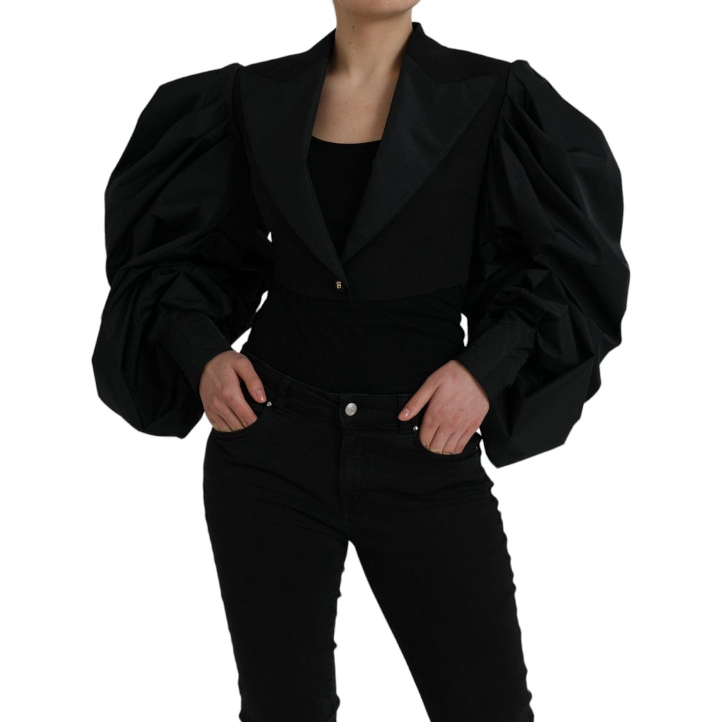 Dolce & Gabbana Black Polyester Puffed Sleeves Cropped Jacket JKT3736-40