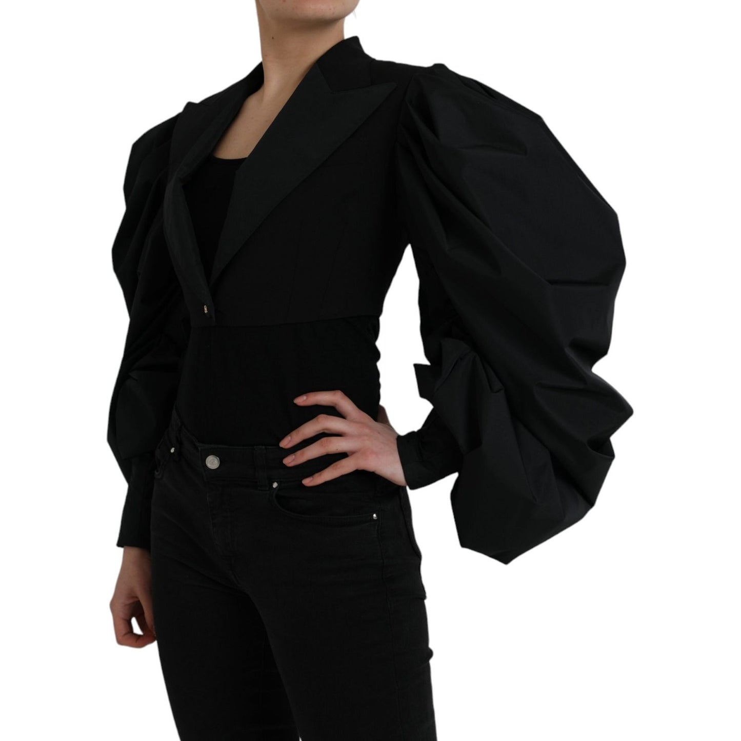Dolce & Gabbana Black Polyester Puffed Sleeves Cropped Jacket JKT3736-40