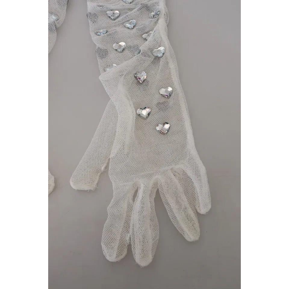 Dolce & Gabbana White Crystal Elbow Length Cotton Tulle Gloves LB3098-7.5