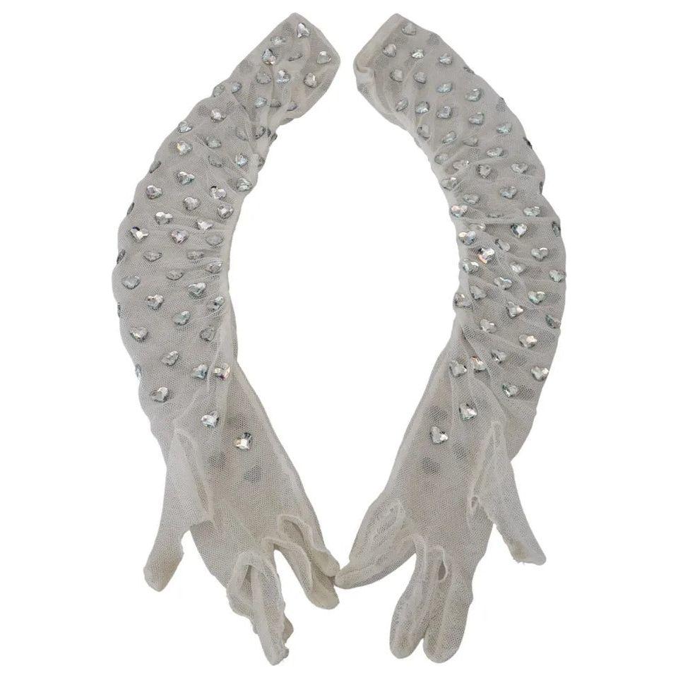Dolce & Gabbana White Crystal Elbow Length Cotton Tulle Gloves LB3098-7.5