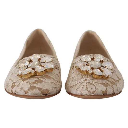 Dolce & Gabbana Beige Lace Crystal Ballet Flats Loafers Shoes LA9935-34