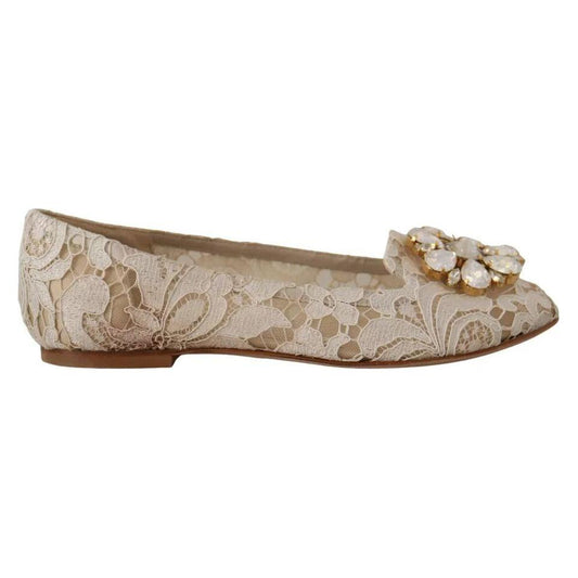 Dolce & Gabbana Beige Lace Crystal Ballet Flats Loafers Shoes LA9935-34