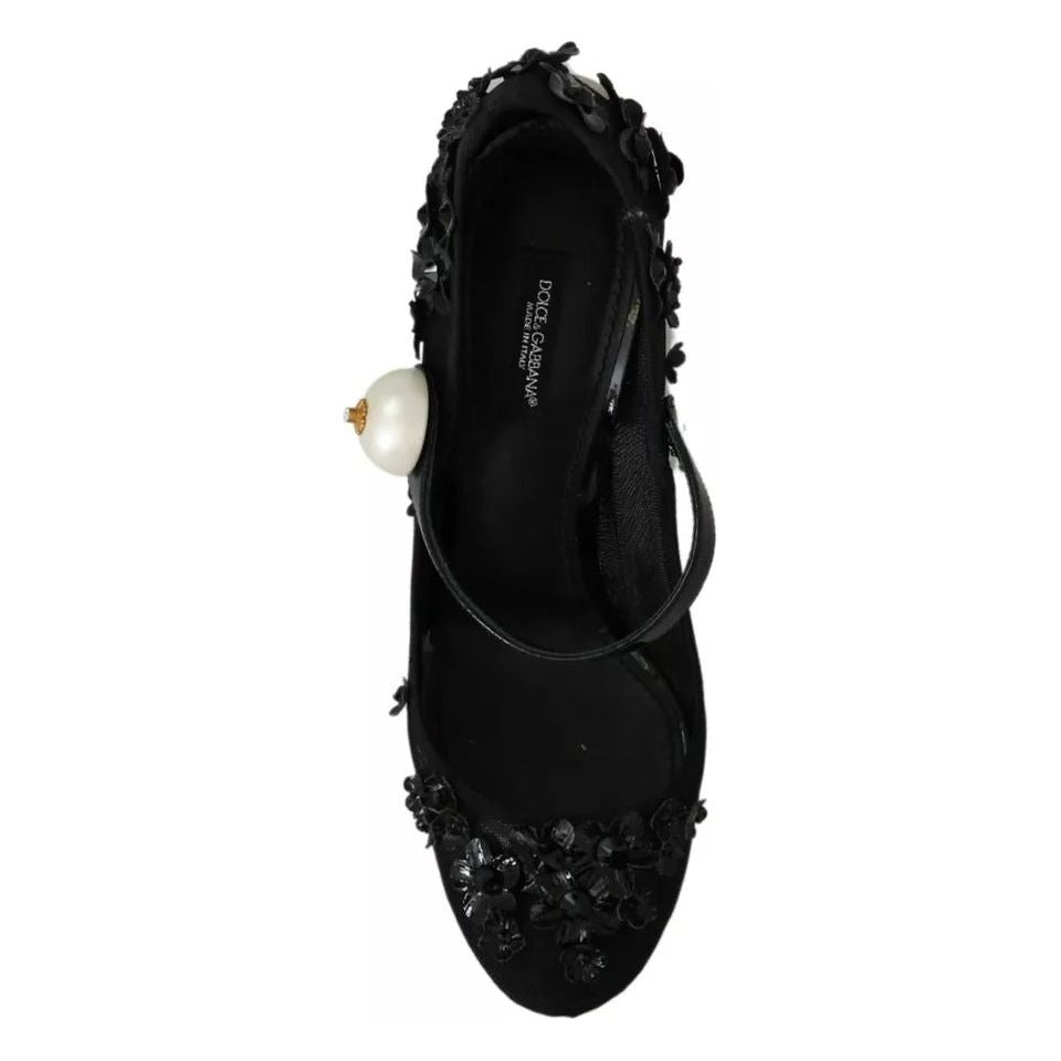 Dolce & Gabbana Black Floral Embellish Heels Mary Janes Pumps Shoes LA7796-39