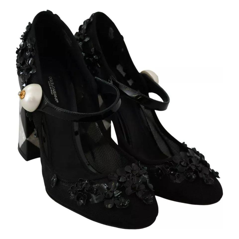 Dolce & Gabbana Black Floral Embellish Heels Mary Janes Pumps Shoes LA7796-39
