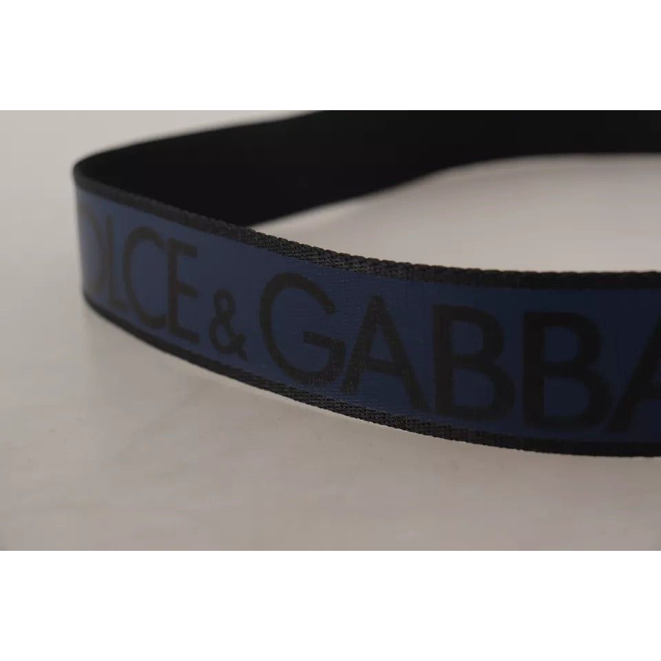 Dolce & Gabbana Blue Black Logo Print Silver Buckle Belt BEL8391-90