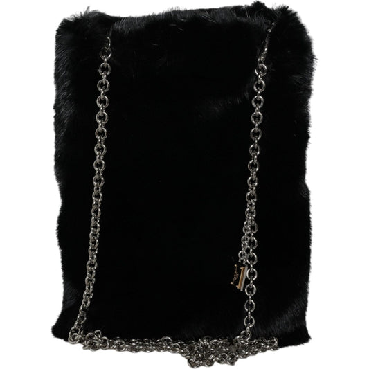 Dolce & Gabbana Black Faux Fur Silver Chain Crossbody Shoulder Purse Bag BAG1586