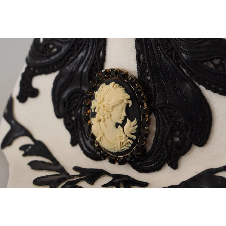 Dolce & Gabbana White Black Wool Embroidered Cameo Brooch Hat HAT9299