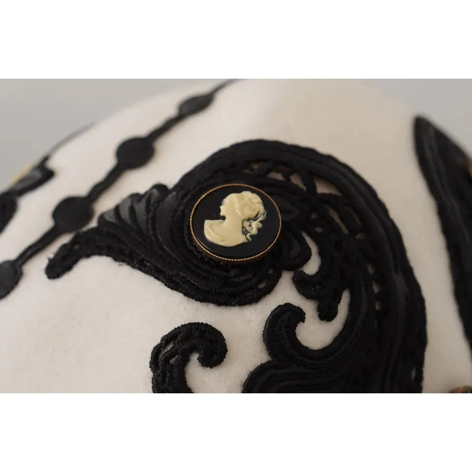 Dolce & Gabbana White Black Wool Embroidered Cameo Brooch Hat HAT9299
