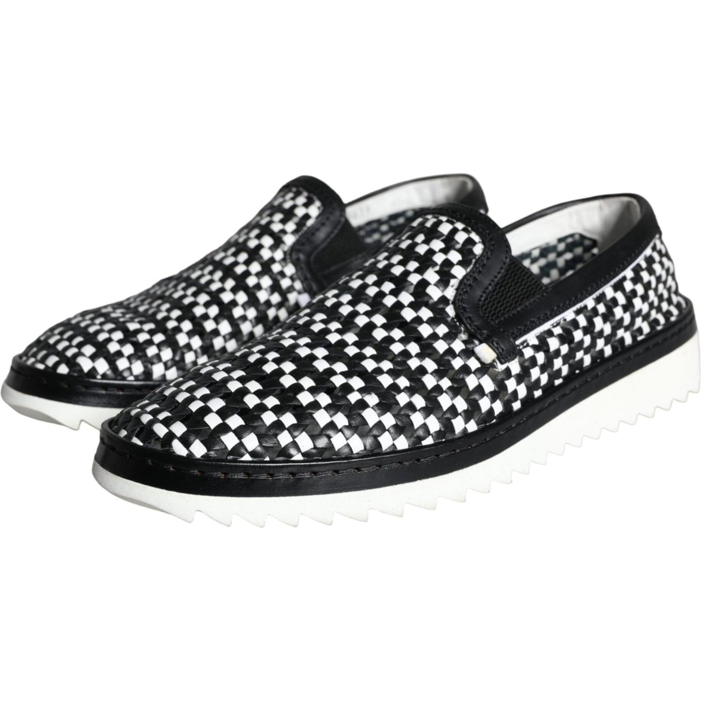 Dolce & Gabbana Black White Weaved Slip On Men Loafers Shoes MV5909-41.5