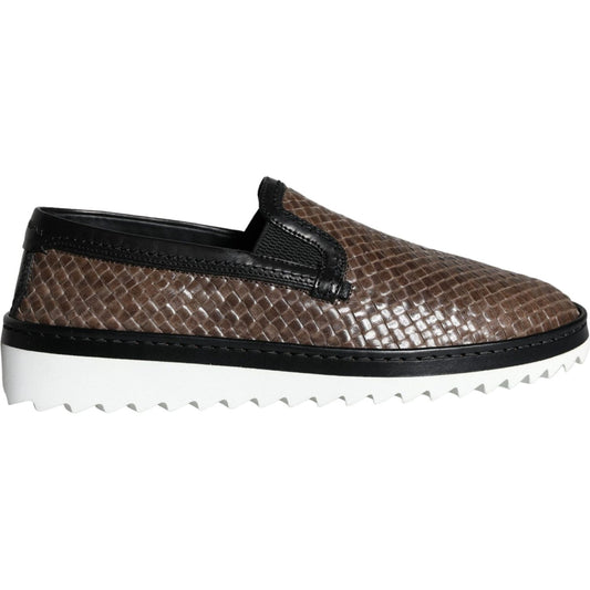 Dolce & Gabbana Brown Black Leather Weaved Men Loafers Shoes MV5921-40.5