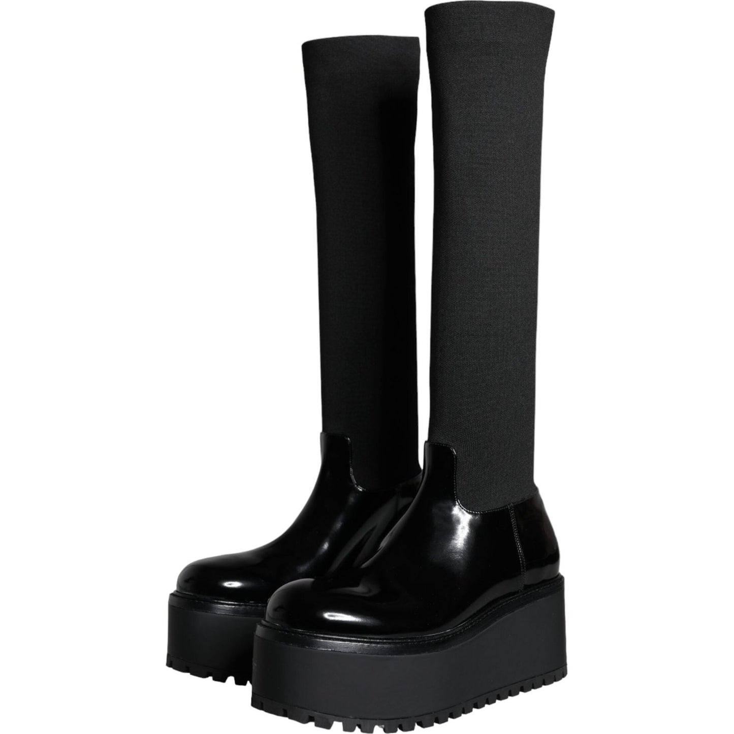 Dolce & Gabbana Black Leather Jersey Knee High Boots Shoes LA11270-39