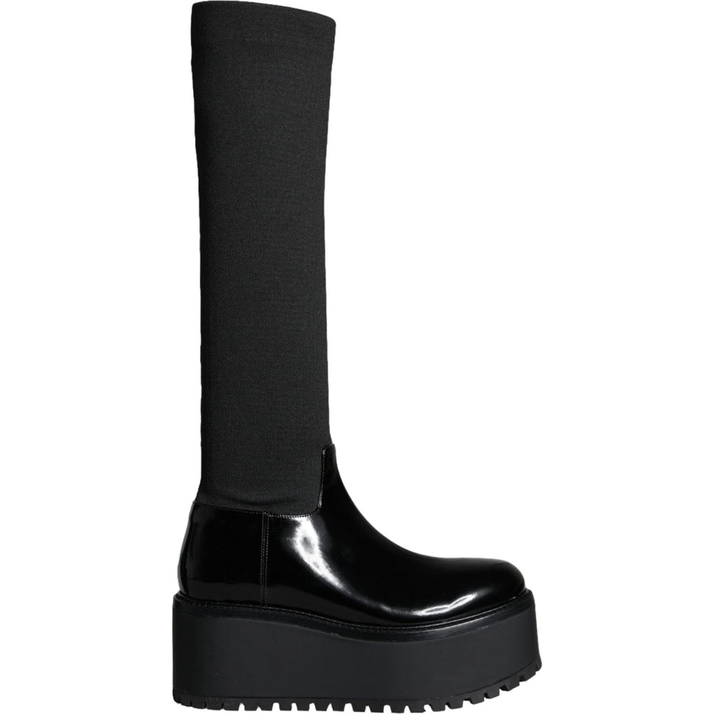 Dolce & Gabbana Black Leather Jersey Knee High Boots Shoes LA11270-39