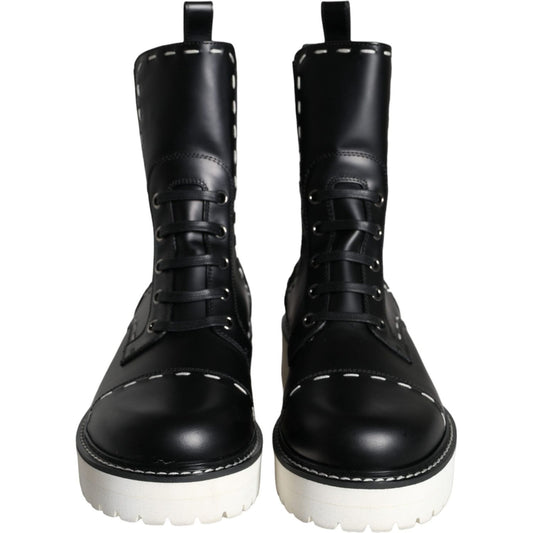 Dolce & Gabbana Black Leather Combat Mid Calf Boots Shoes LA11272-36