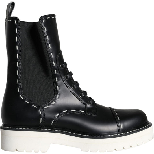Dolce & Gabbana Black Leather Combat Mid Calf Boots Shoes LA11272-36