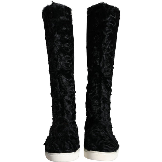 Dolce & Gabbana Black Xiangao Lamb Fur Leather Boots Shoes LA11305-36