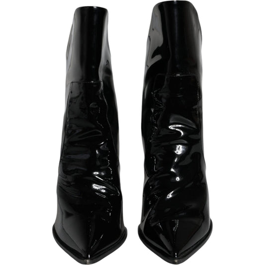 Dolce & Gabbana Black Patent Leather Pointed Ankle Boot Shoes LA11392-39
