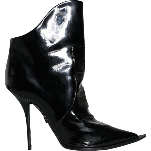 Dolce & Gabbana Black Patent Leather Pointed Ankle Boot Shoes LA11392-39
