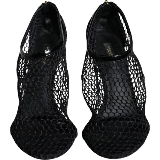 Dolce & Gabbana Black Mesh Leather Heels Keira Sandals Shoes LA11437-37.5