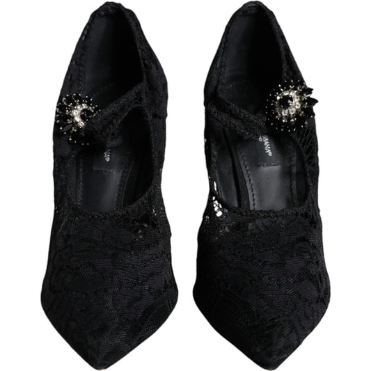 Dolce & Gabbana Black Mary Jane Pumps Lace Crystals Heels Shoes LA11418-35