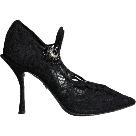 Dolce & Gabbana Black Mary Jane Pumps Lace Crystals Heels Shoes LA11418-35