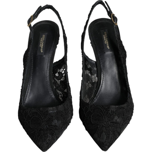 Dolce & Gabbana Black Taormina Lace Bellucci Slingbacks Shoes LA11642-40.5