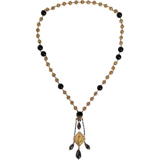Dolce & Gabbana Gold Chain Brass Black Beaded Rosary Style Necklace SMY10163