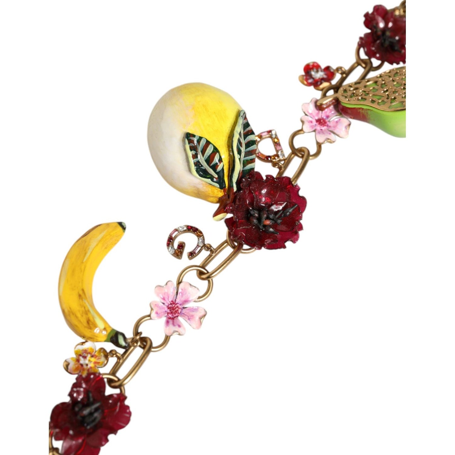 Dolce & Gabbana Gold Brass FRUIT Pendants Flowers Crystal Logo Necklace