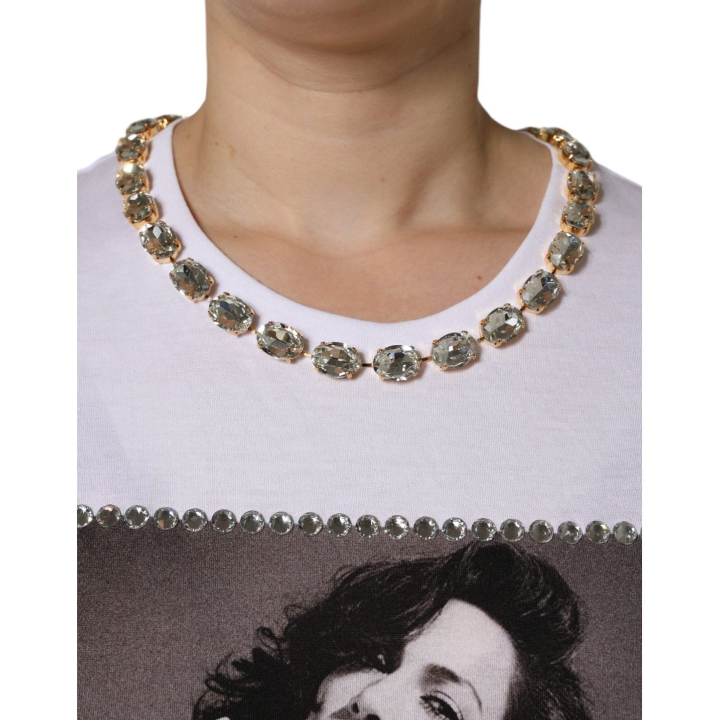 Dolce & Gabbana White Crystal Neckline Embellished Printed T-shirt TSH84252-36