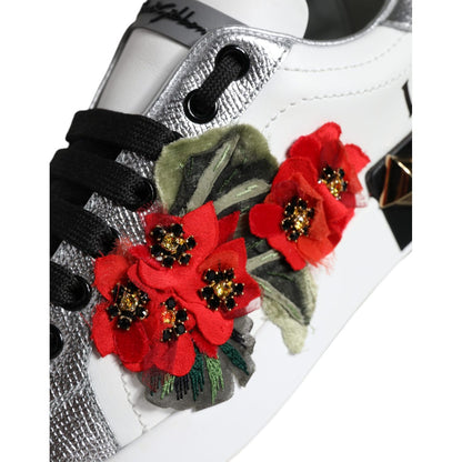 Dolce & Gabbana White Leather Floral Studded Sneakers Shoes