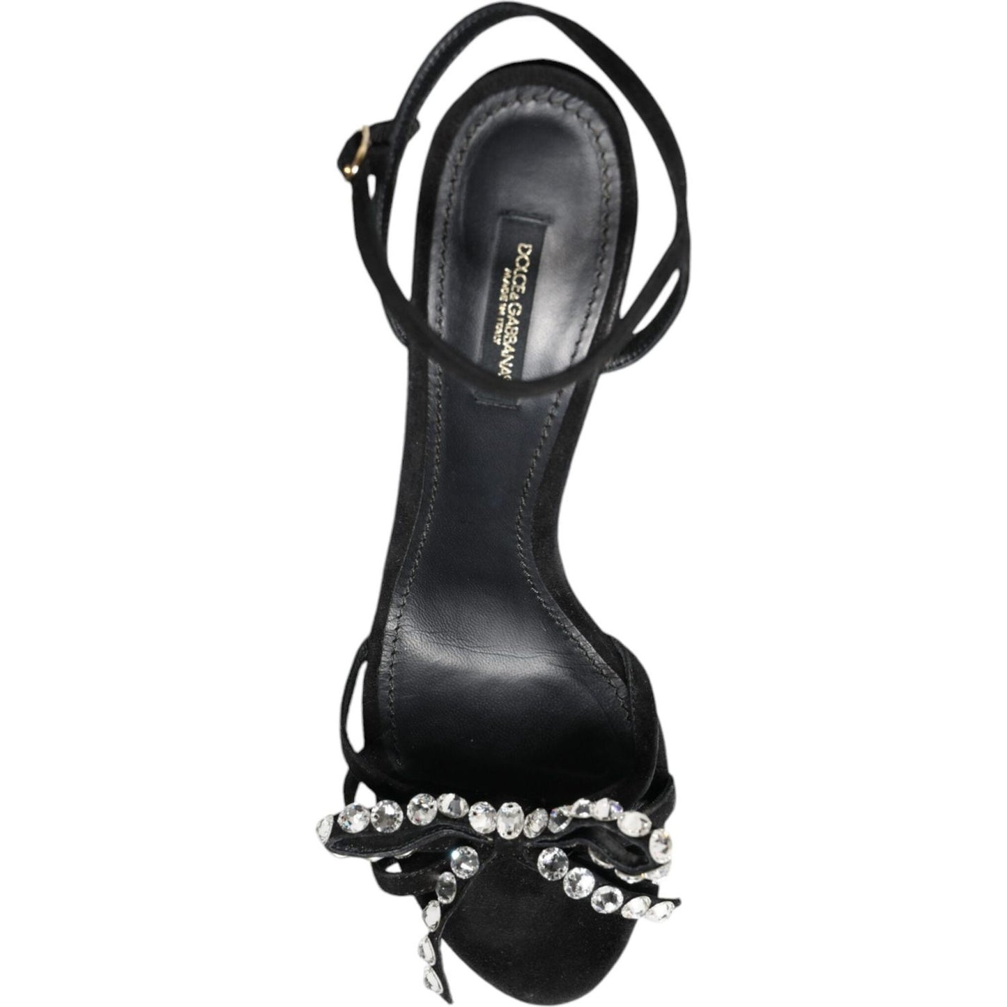 Dolce & Gabbana Black Leather Crystal Bow Heels Sandals Shoes LA11934-38