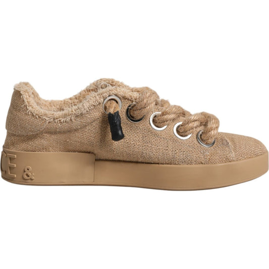 Dolce & Gabbana Brown Jute Fabric Low Top Men Sneakers Shoes