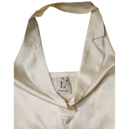 L'Autre Chose Off White Silk Sleeveless Buttoned Halter Top