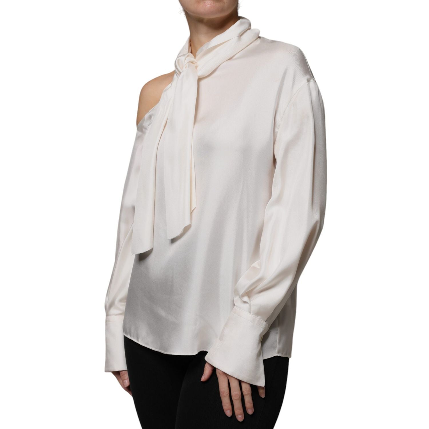 Brunello Cucinelli Beige Silk Ascot Collared Long Sleeves Top