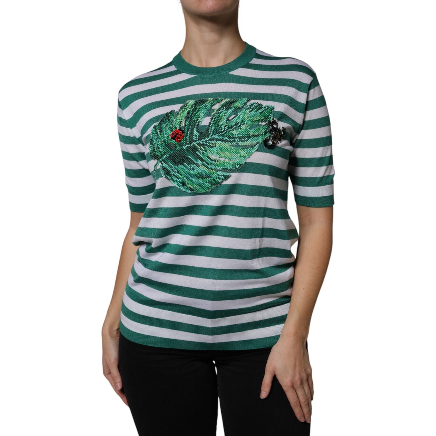 Dolce & Gabbana White Green Stripe Leaf Crew Neck T-shirt
