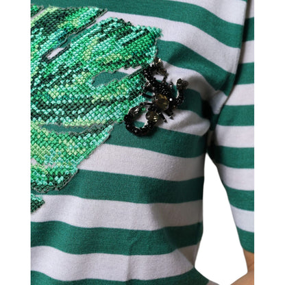 Dolce & Gabbana White Green Stripe Leaf Crew Neck T-shirt