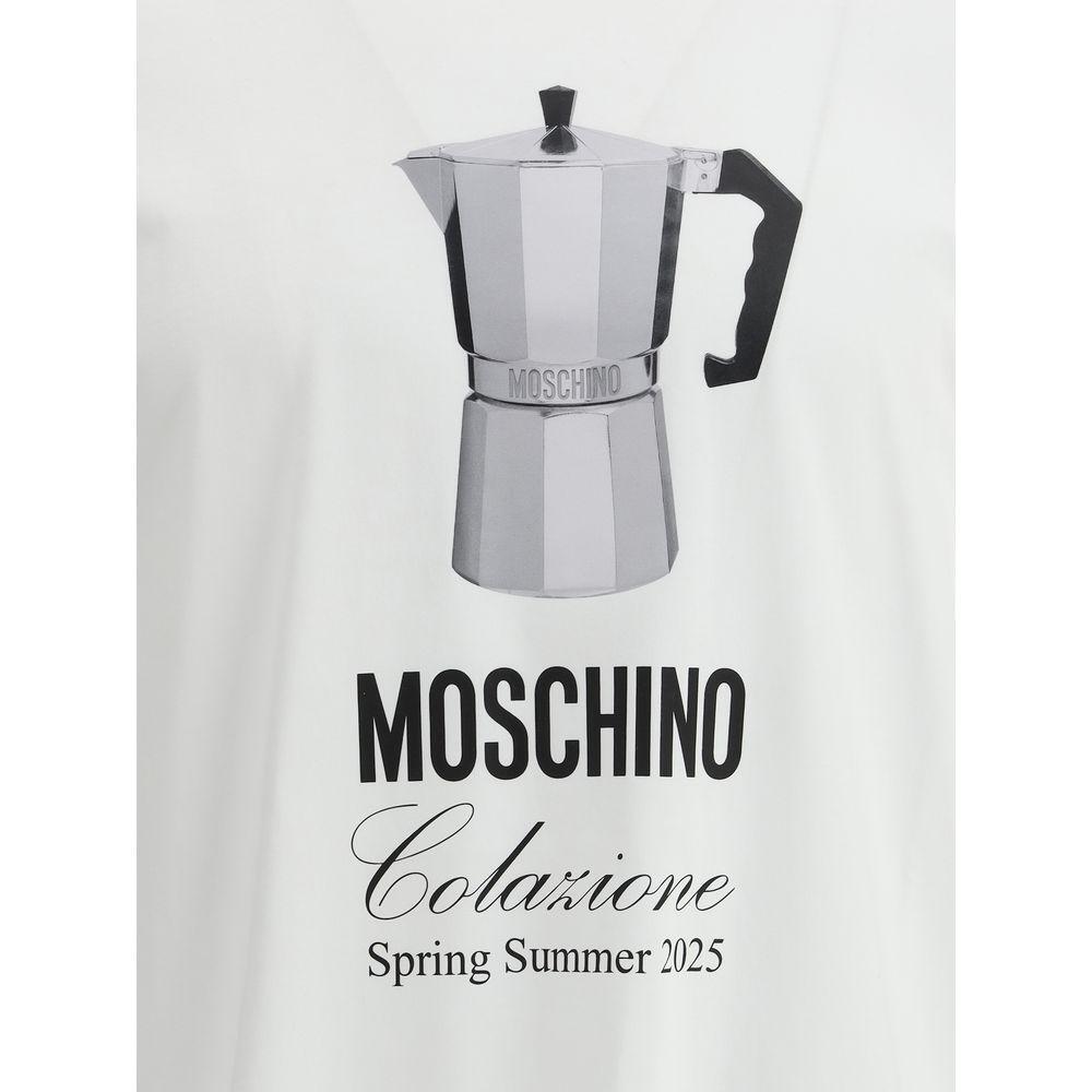 Moschino T-Shirt featuring a bold coffee pot print and brand monogram, Spring Summer 2025 collection, monochrome design, playful aesthetic