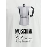 Moschino T-Shirt featuring a bold coffee pot print and brand monogram, Spring Summer 2025 collection, monochrome design, playful aesthetic
