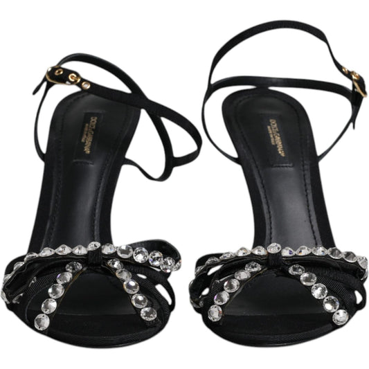 Dolce & Gabbana Black Leather Crystal Bow KEIRA Sandals Shoes LA12072-39