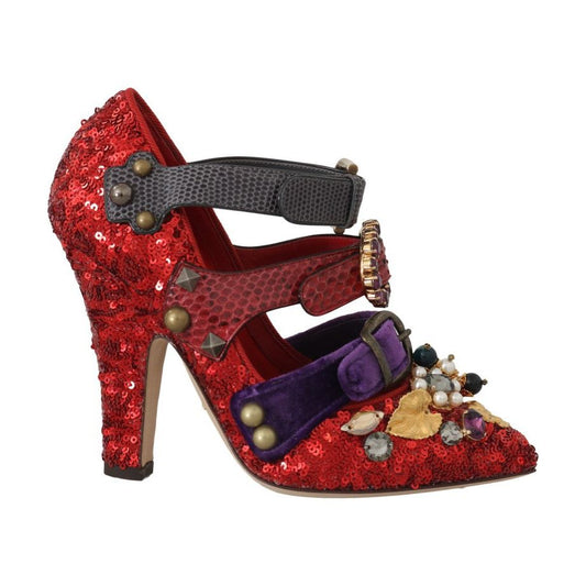Dolce & Gabbana Red Sequined Crystal Studs Heels Shoes LA5364-36