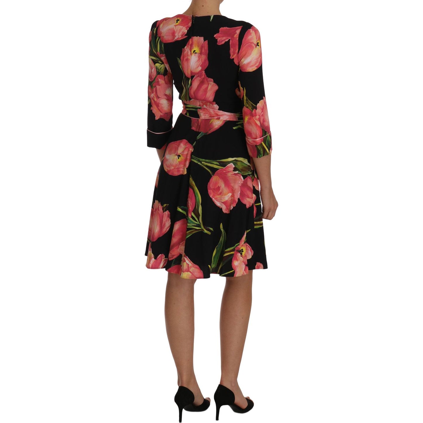 Dolce & Gabbana Black Pink Tulip Print Stretch Shift Dress DR1446-1