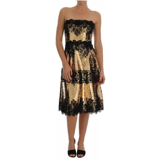 Dolce & Gabbana Gold Strapless Sequin Embellished Lace Dress DR1373-40
