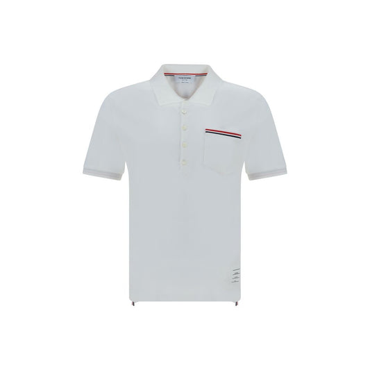 Thom Browne White Cotton Polo Shirt with classic collar, patch pocket, and signature contrasting bands. Elegant and sophisticated design.