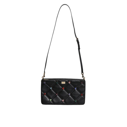 Dolce & Gabbana Black Leather Crystal Embellished Logo Shoulder Bag BAG1619