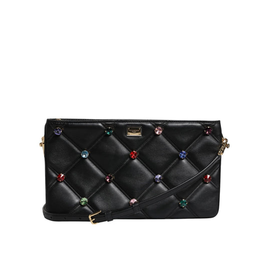 Dolce & Gabbana Black Leather Crystal Embellished Logo Shoulder Bag BAG1619
