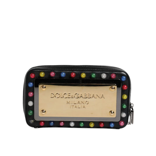 Dolce & Gabbana Black Leather LED Logo Wrist Strap Clutch Bag