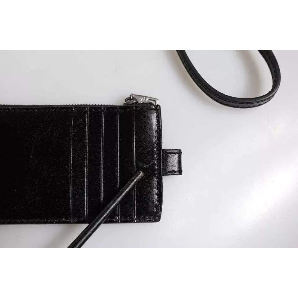 Dolce & Gabbana Black Horse Leather Lanyard Logo Card Holder Wallet