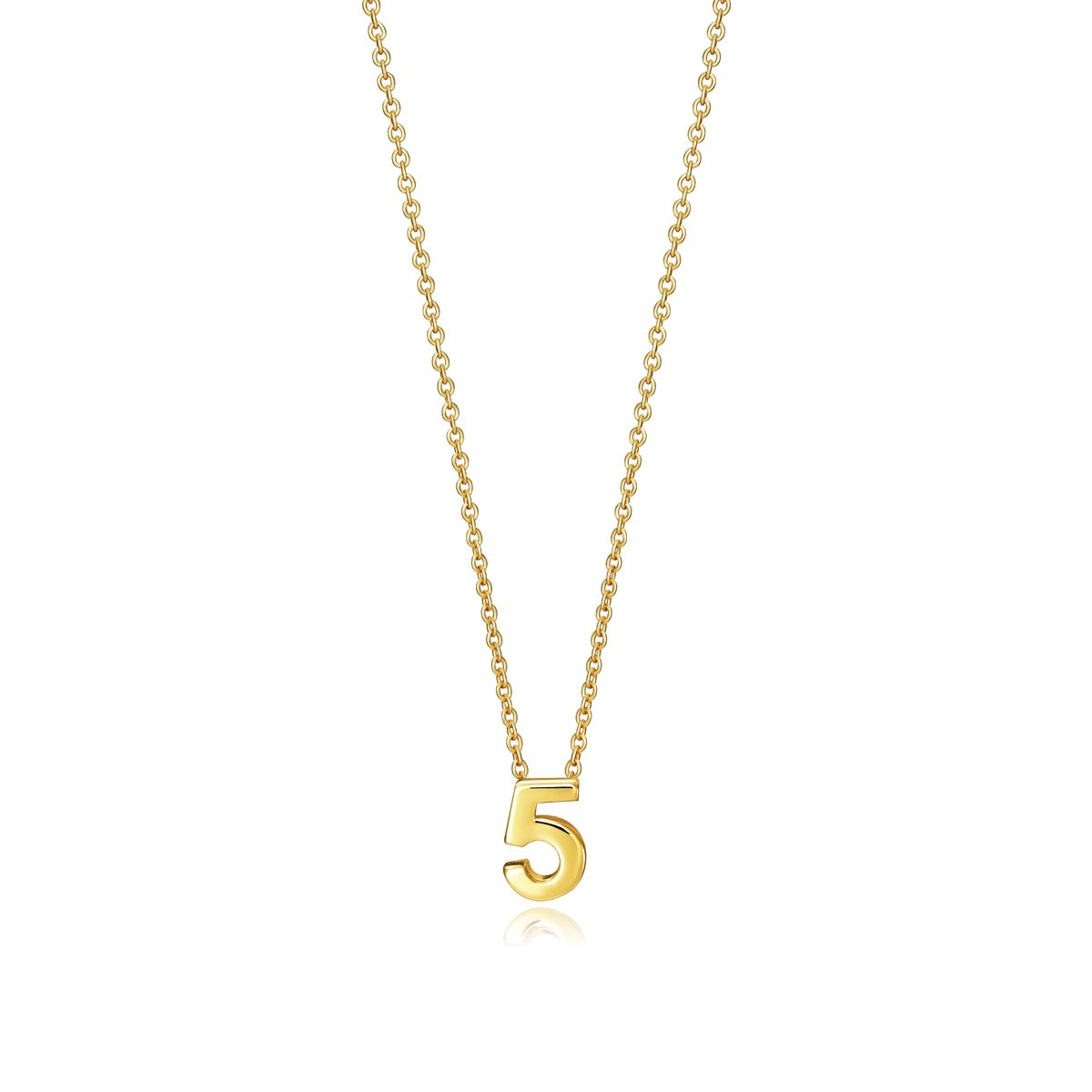 Gold number 5 pendant necklace on a chain with white background