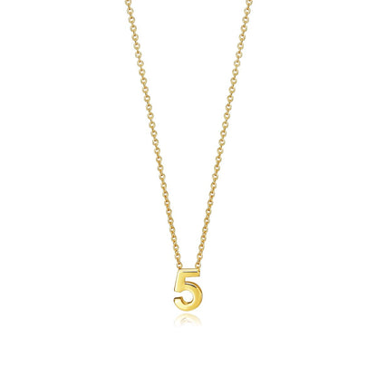 Gold number 5 pendant necklace on a chain with white background