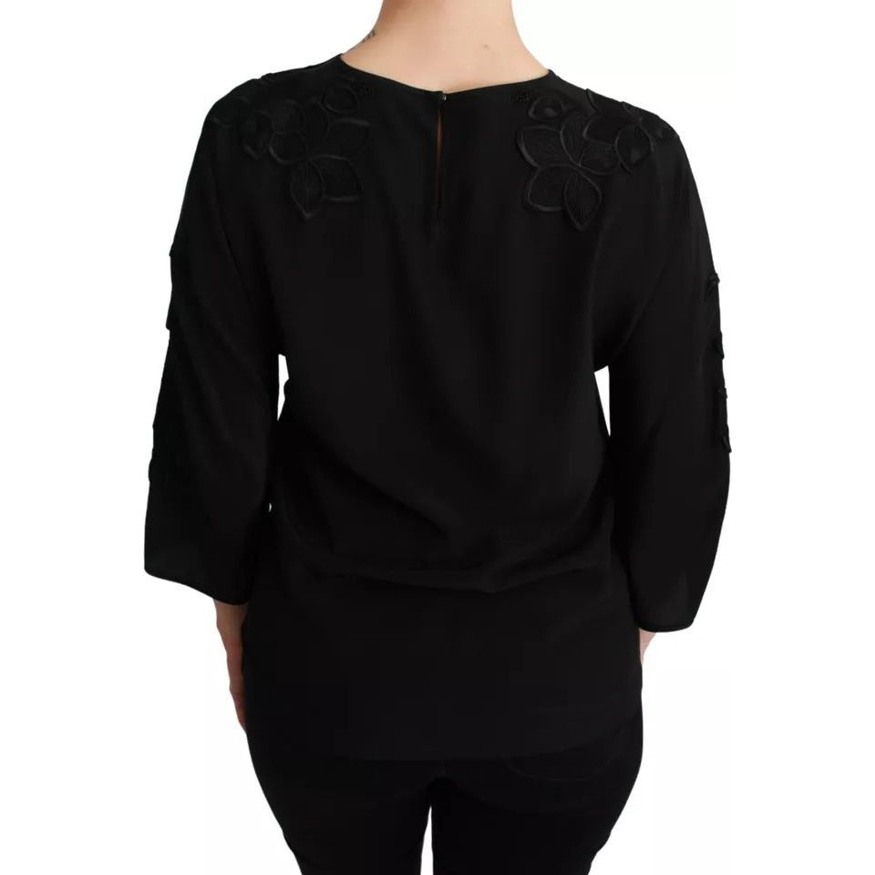 Dolce & Gabbana Black Floral Embroidered Blouse Silk Top TSH2680-38